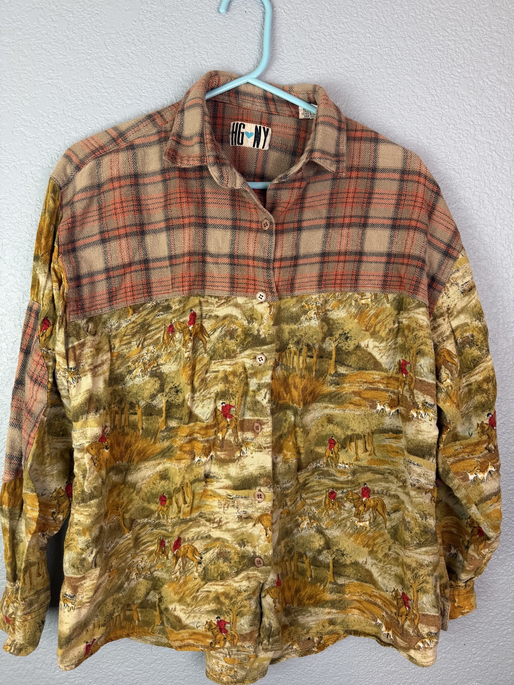 HGNY Shirt Womens Medium Plaid Equestrian Horses Long Sleeve Vintage Western